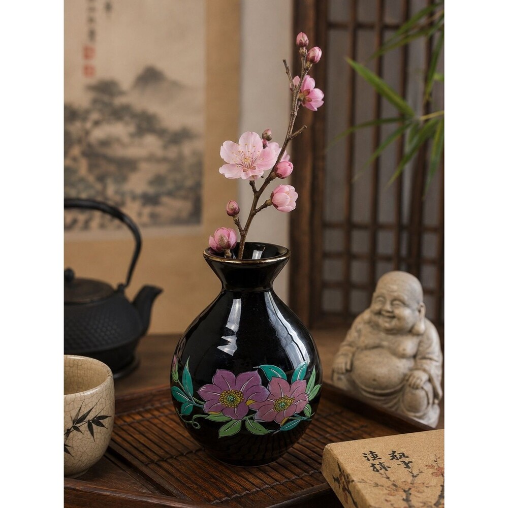 Vintage Black Floral Bud Vase Japan Hand Painted Pink Flowers Gold Trim Ceramic